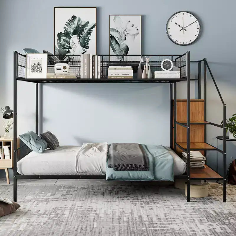 Twin over Full Size Metal Bunk Bed with Storage Staircase, Heavy Duty Steel Bed Frame with Shelving and Open Wardrobe for Teens Adults