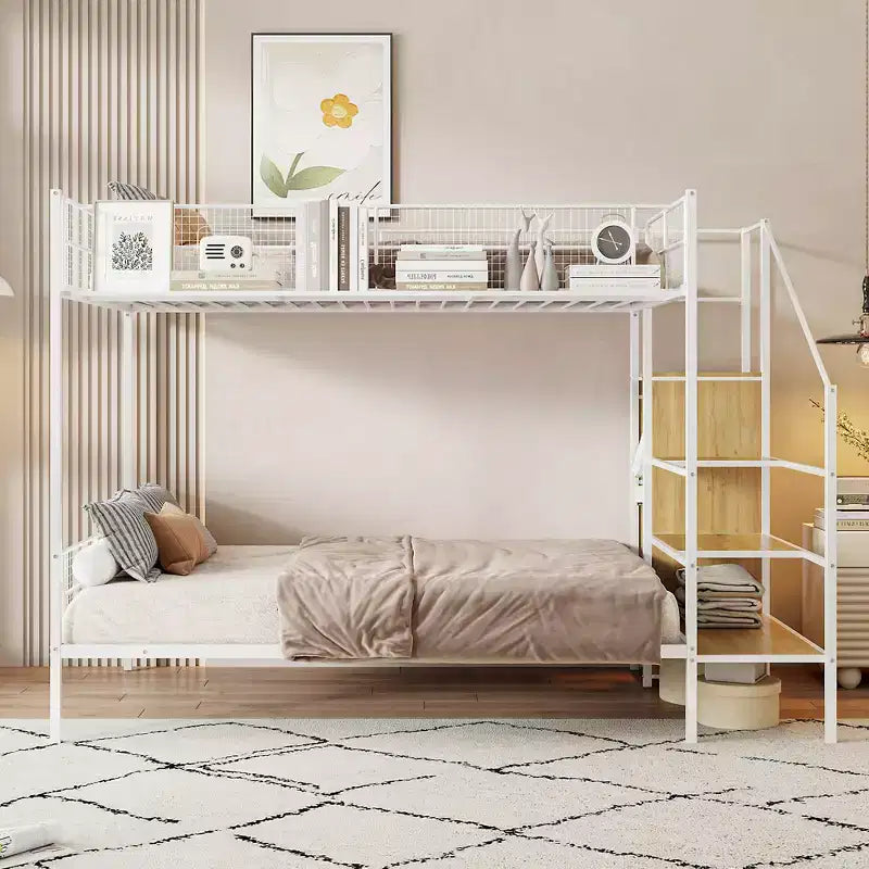 Letto a Castello in Metallo Nero/Bianco Matrimoniale a Piattaforma con Scala Contenitore e Guardaroba, 2 Posti