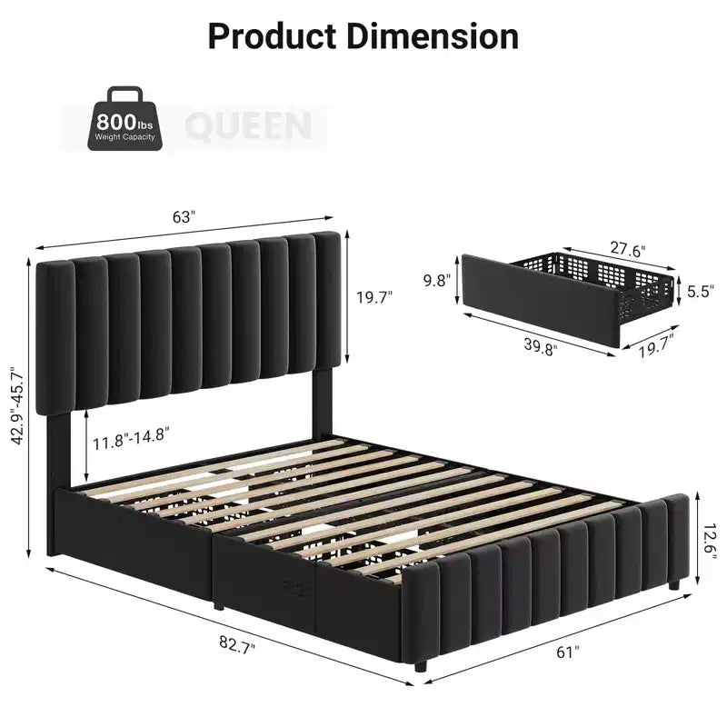 Letto matrimoniale King imbottito nero con cassetti contenitore, 2 persone