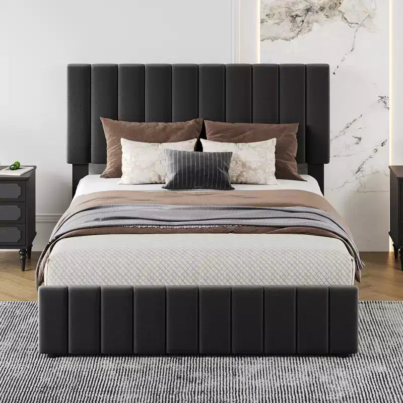 Letto matrimoniale King imbottito nero con cassetti contenitore, 2 persone