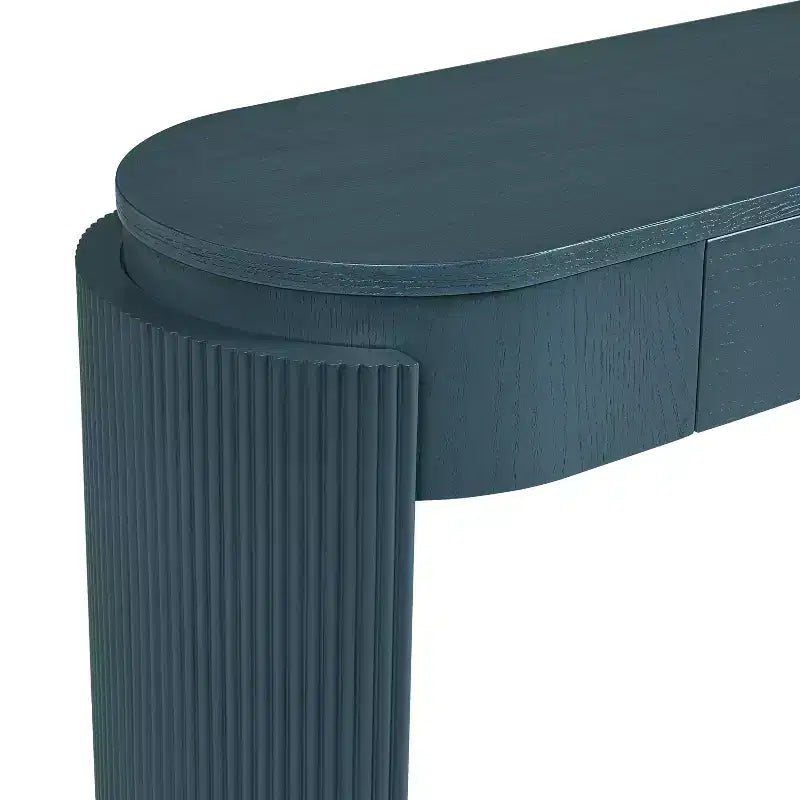 Consolle a mezzaluna blu con 2 cassetti e gambe scanalate