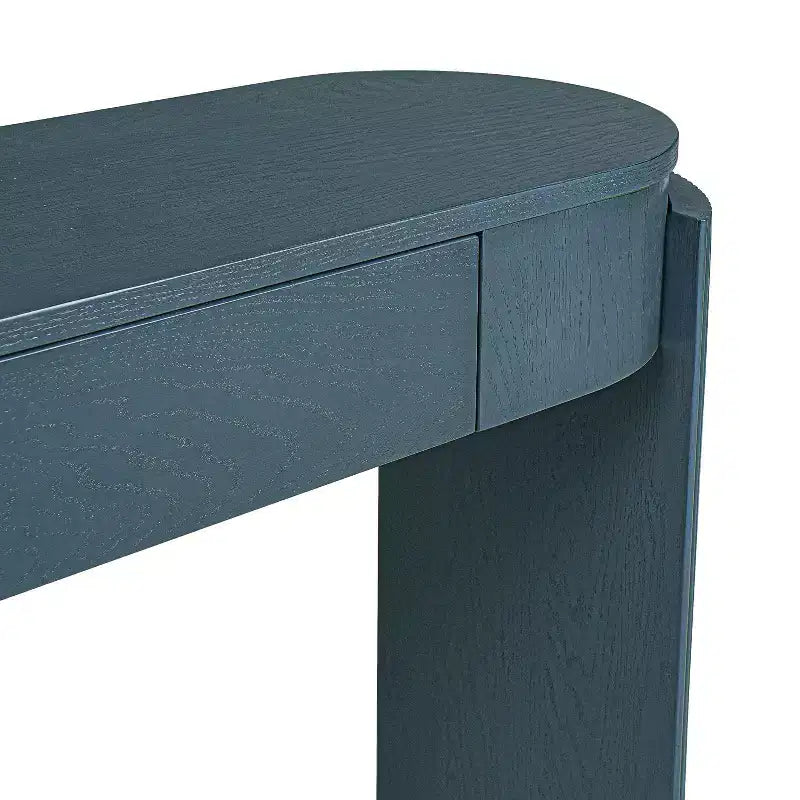 Consolle a mezzaluna blu con 2 cassetti e gambe scanalate