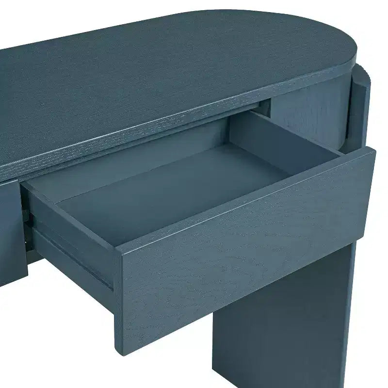 Consolle a mezzaluna blu con 2 cassetti e gambe scanalate
