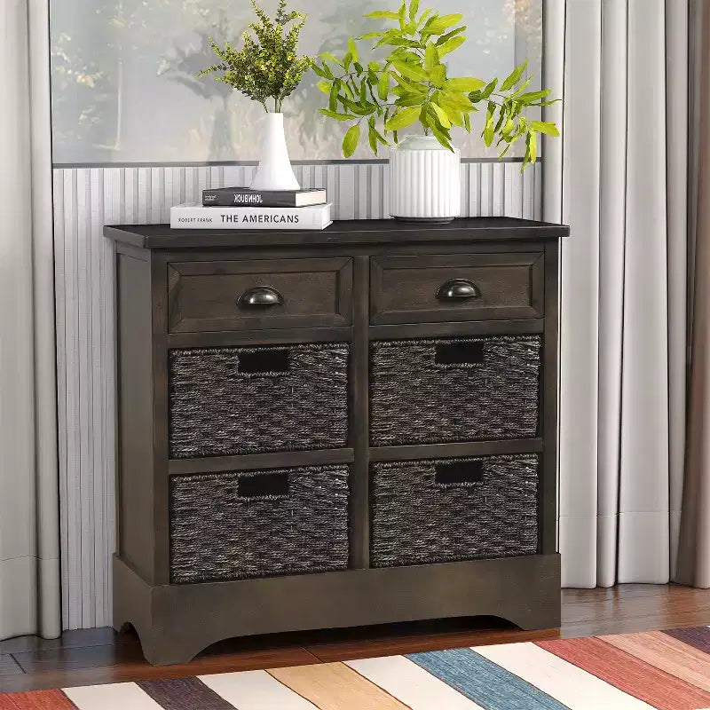 Antico Blu Navy / Grigio Marrone / Espresso / Bianco – Cassettiera a 6 cassetti con Cesti in Rattan
