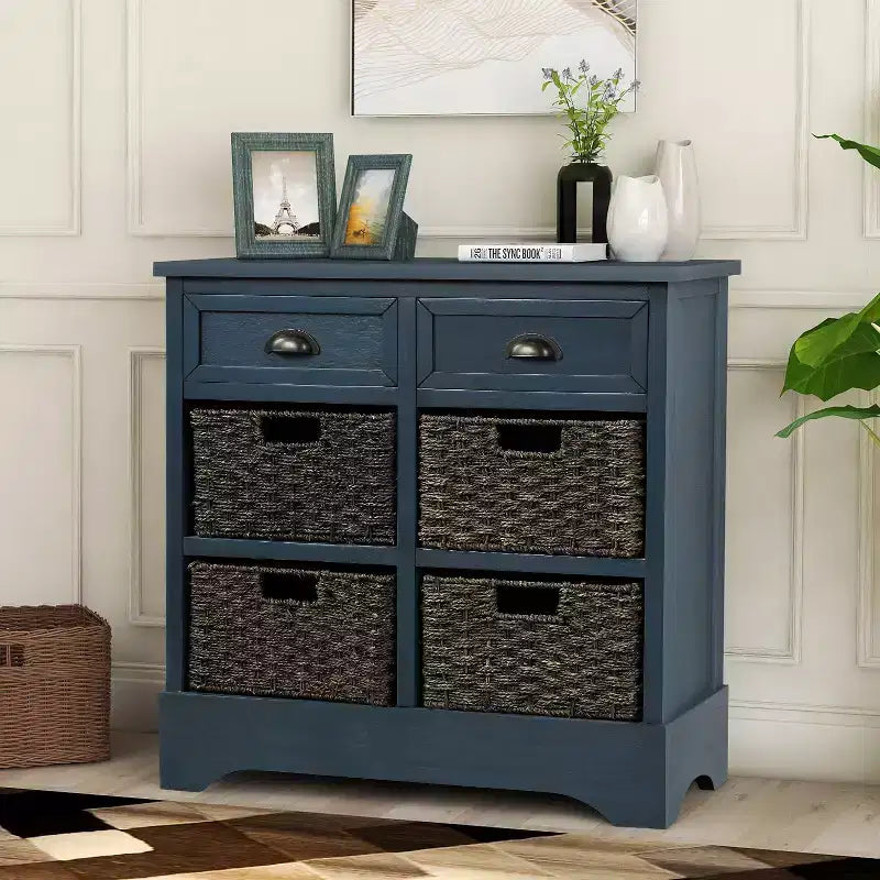 Antico Blu Navy / Grigio Marrone / Espresso / Bianco – Cassettiera a 6 cassetti con Cesti in Rattan