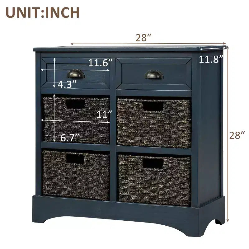 Antico Blu Navy / Grigio Marrone / Espresso / Bianco – Cassettiera a 6 cassetti con Cesti in Rattan