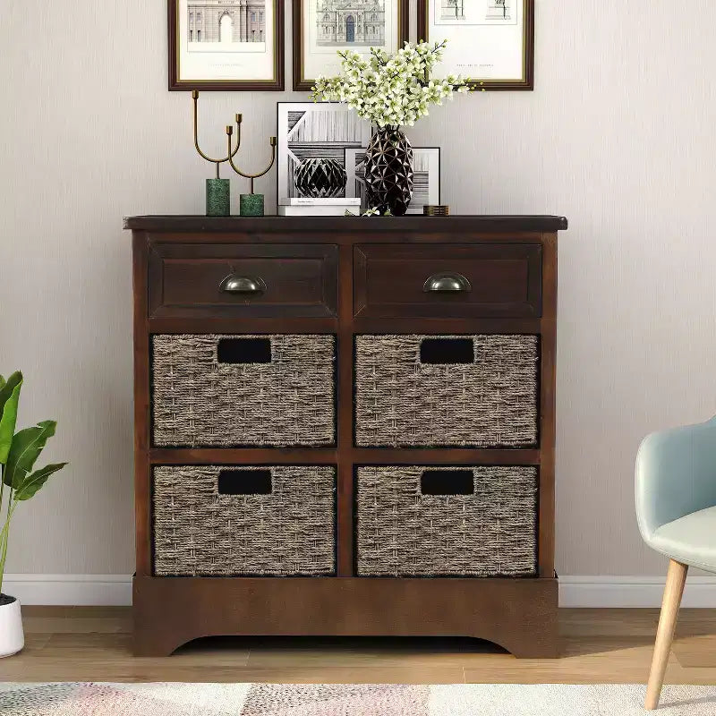 Antico Blu Navy / Grigio Marrone / Espresso / Bianco – Cassettiera a 6 cassetti con Cesti in Rattan