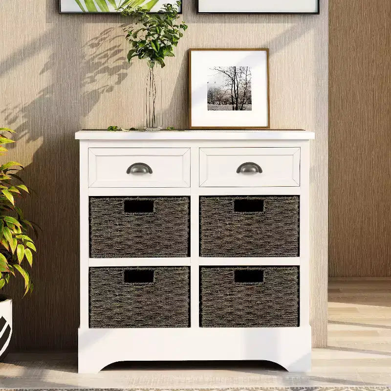 Antico Blu Navy / Grigio Marrone / Espresso / Bianco – Cassettiera a 6 cassetti con Cesti in Rattan