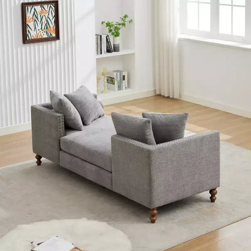 Chaise longue in ciniglia beige/grigio/tortora con bordo borchiato, 2 posti