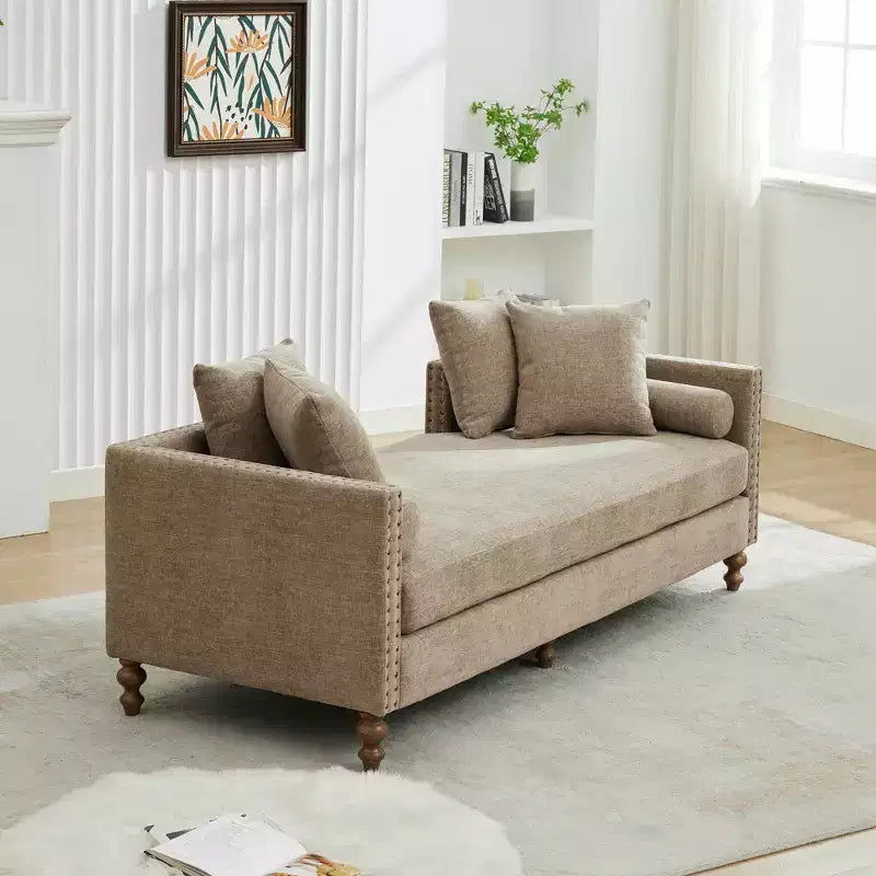 Chaise longue in ciniglia beige/grigio/tortora con bordo borchiato, 2 posti