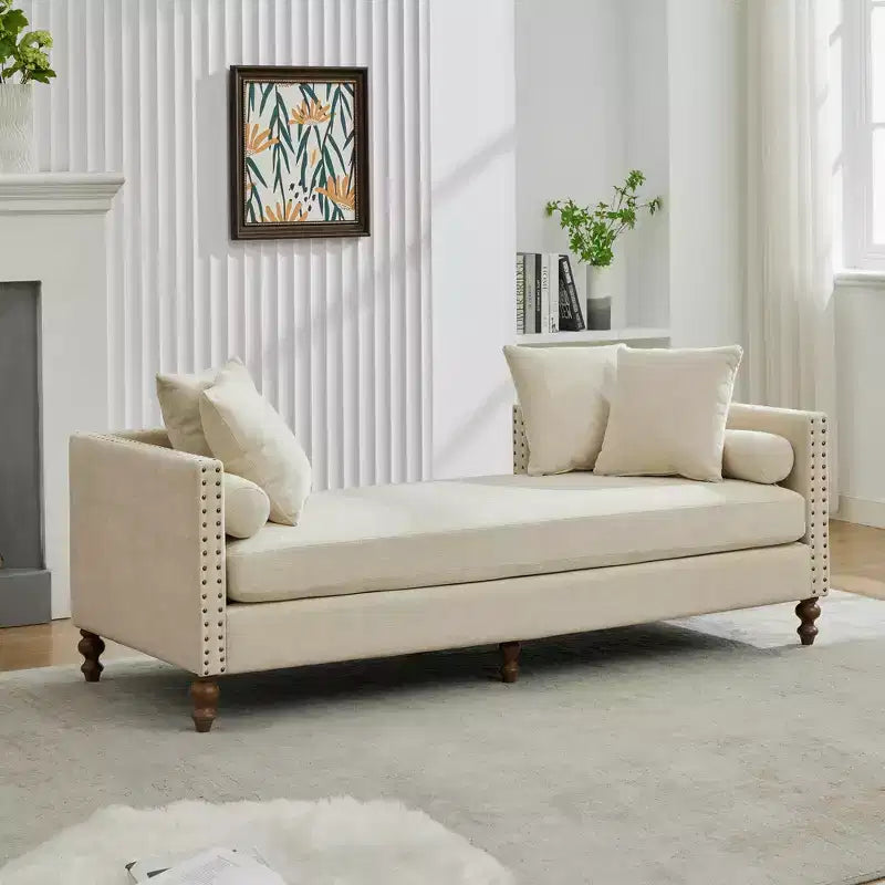 Chaise longue in ciniglia beige/grigio/tortora con bordo borchiato, 2 posti
