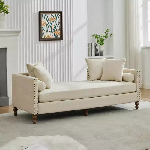 Chaise longue in ciniglia beige/grigio/tortora con bordo borchiato, 2 posti