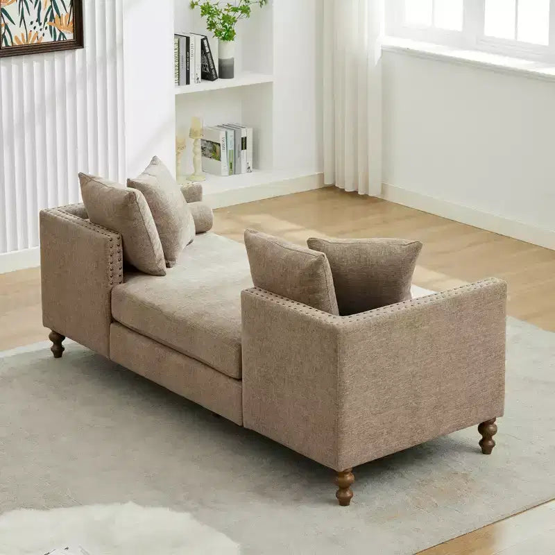 Chaise longue in ciniglia beige/grigio/tortora con bordo borchiato, 2 posti