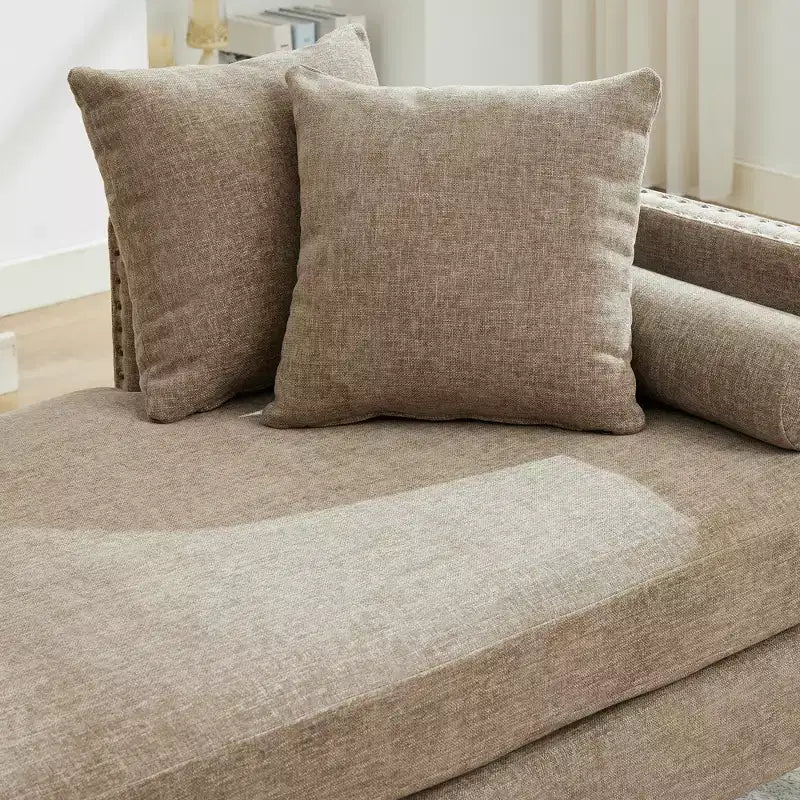 Chaise longue in ciniglia beige/grigio/tortora con bordo borchiato, 2 posti