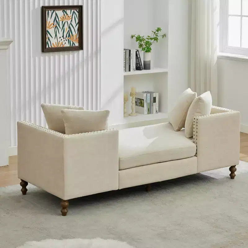 Chaise longue in ciniglia beige/grigio/tortora con bordo borchiato, 2 posti