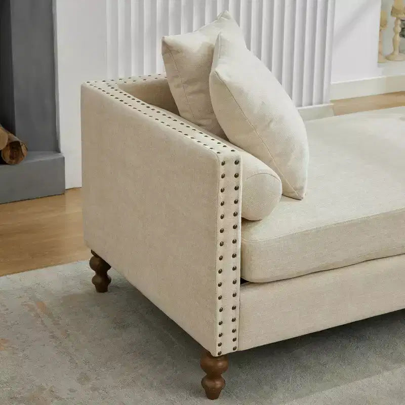 Chaise longue in ciniglia beige/grigio/tortora con bordo borchiato, 2 posti