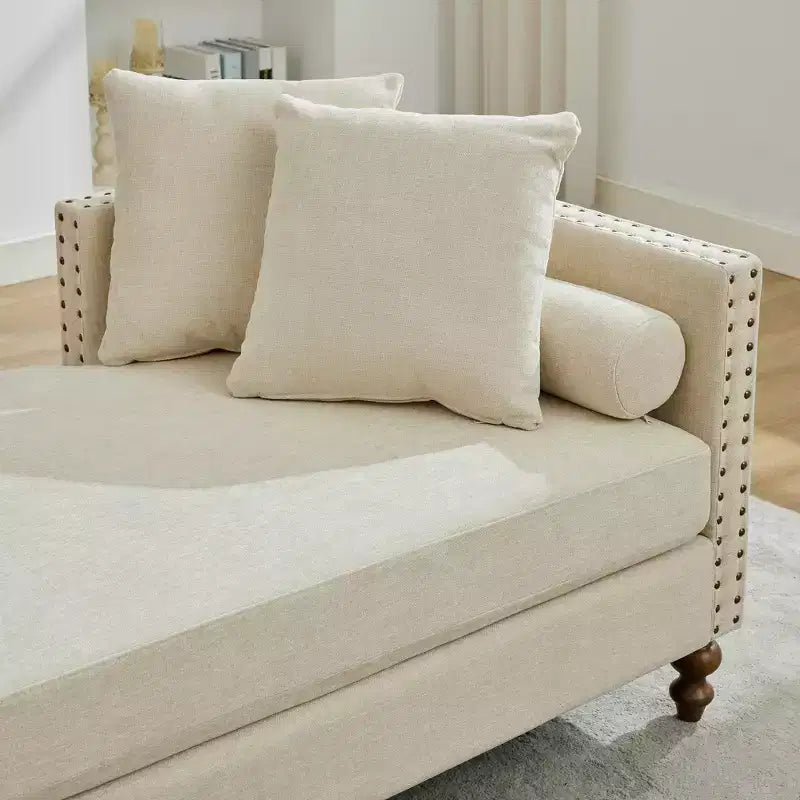 Chaise longue in ciniglia beige/grigio/tortora con bordo borchiato, 2 posti
