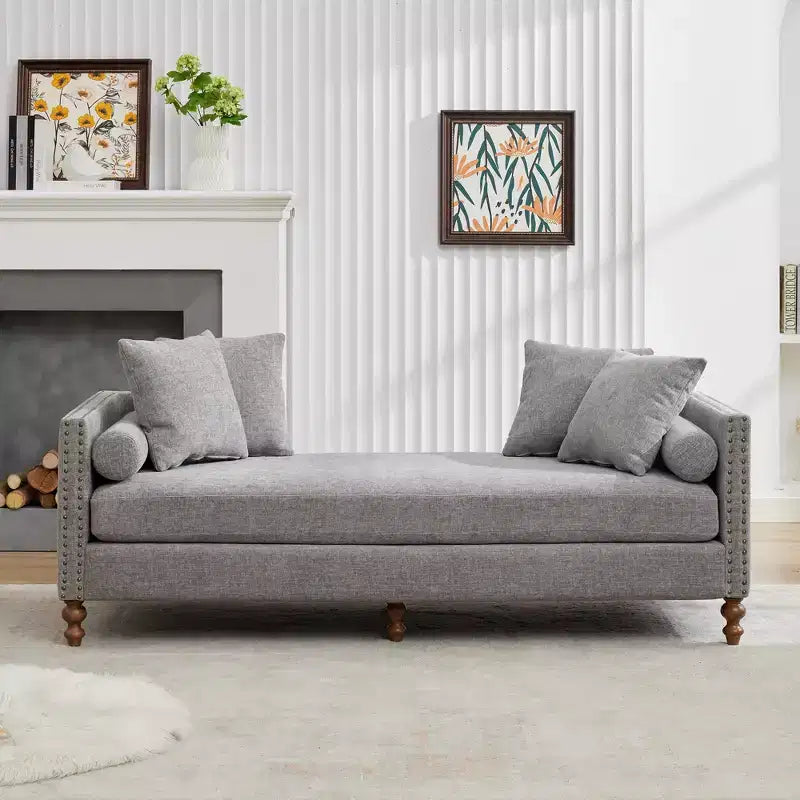 Chaise longue in ciniglia beige/grigio/tortora con bordo borchiato, 2 posti