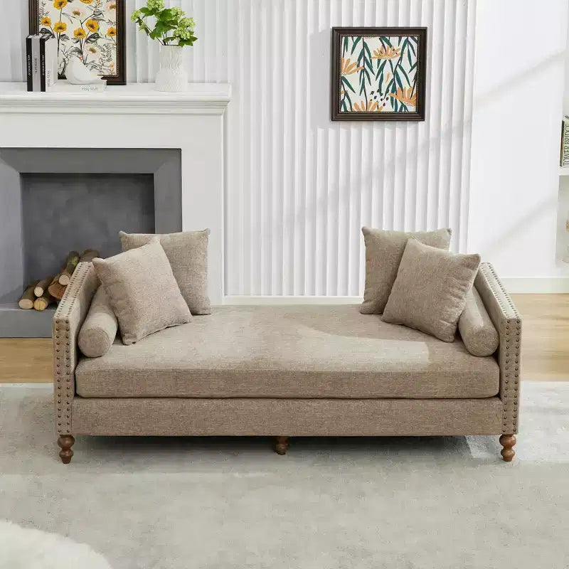 Chaise longue in ciniglia beige/grigio/tortora con bordo borchiato, 2 posti