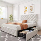 Queen Size Bed Frame with 4 Storage Drawers, Adjustable Headboard, Faux Leather Upholstered Platform, Diamond Tufted, No Box Spring, White