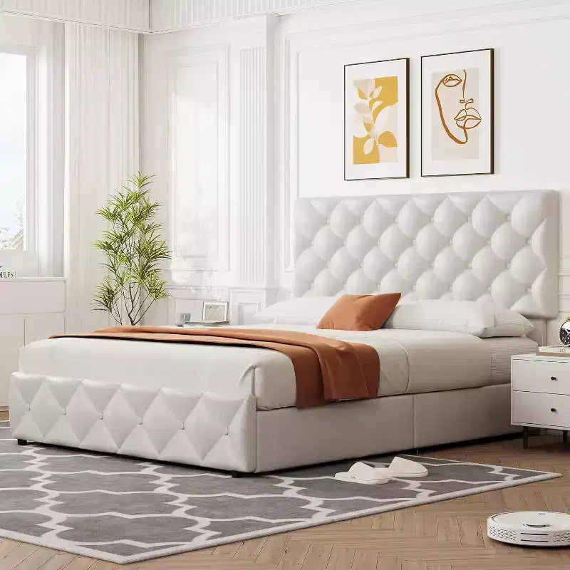 Giroletto a piattaforma in similpelle bianca, trapuntato a rombi, Queen, 1-2 posti letto
