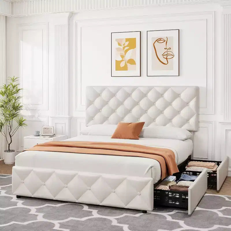 Giroletto a piattaforma in similpelle bianca, trapuntato a rombi, Queen, 1-2 posti letto