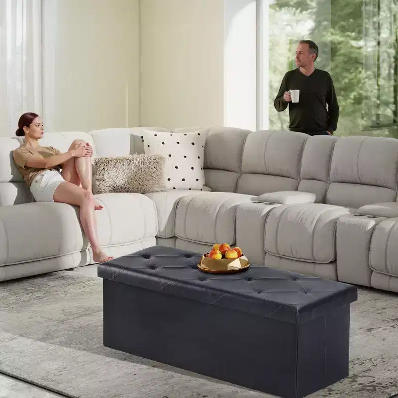 Pouf portaoggetti rettangolare largo 43" – Nero/Marrone, Posto singolo