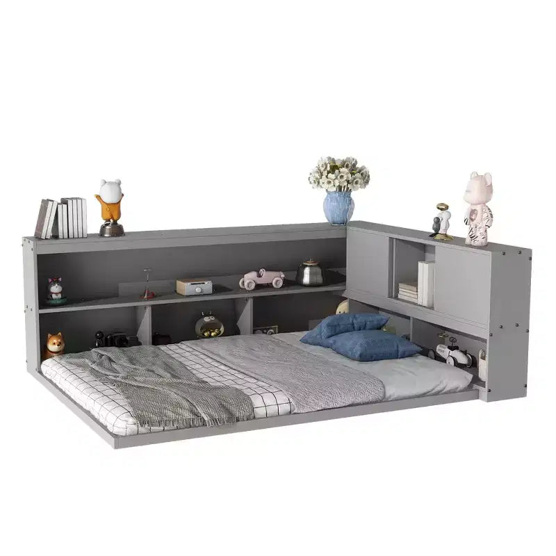 Divano letto a L grigio full size con libreria, struttura in legno, 1 persona