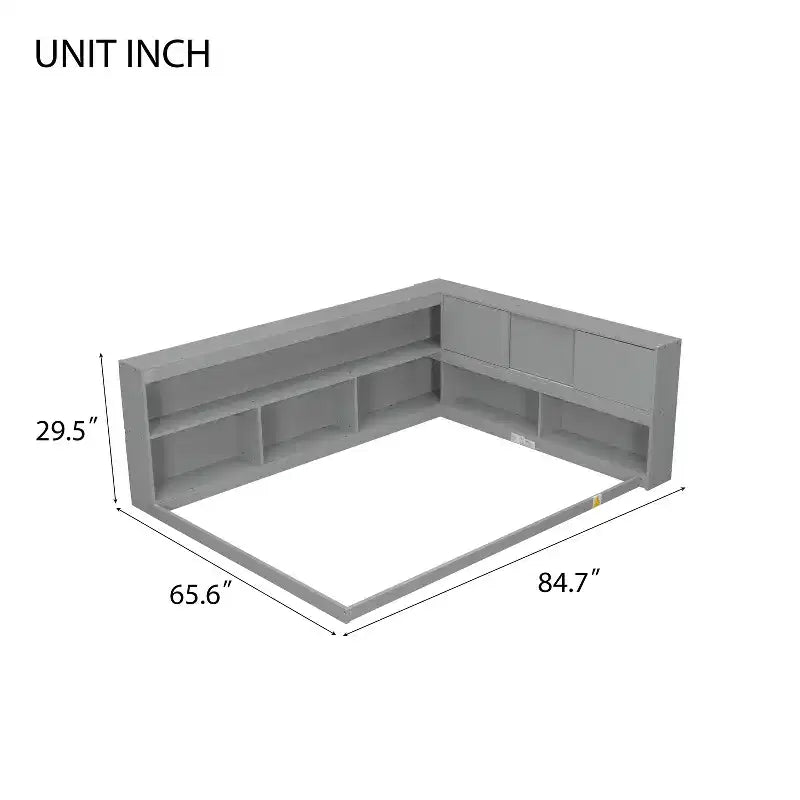Divano letto a L grigio full size con libreria, struttura in legno, 1 persona