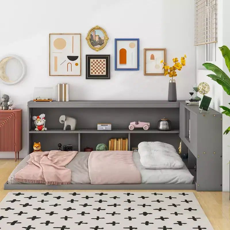 Divano letto a L grigio full size con libreria, struttura in legno, 1 persona