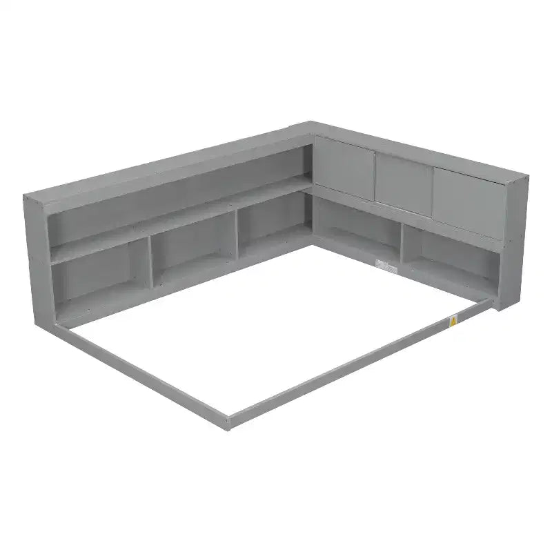 Divano letto a L grigio full size con libreria, struttura in legno, 1 persona