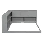Divano letto a L grigio full size con libreria, struttura in legno, 1 persona