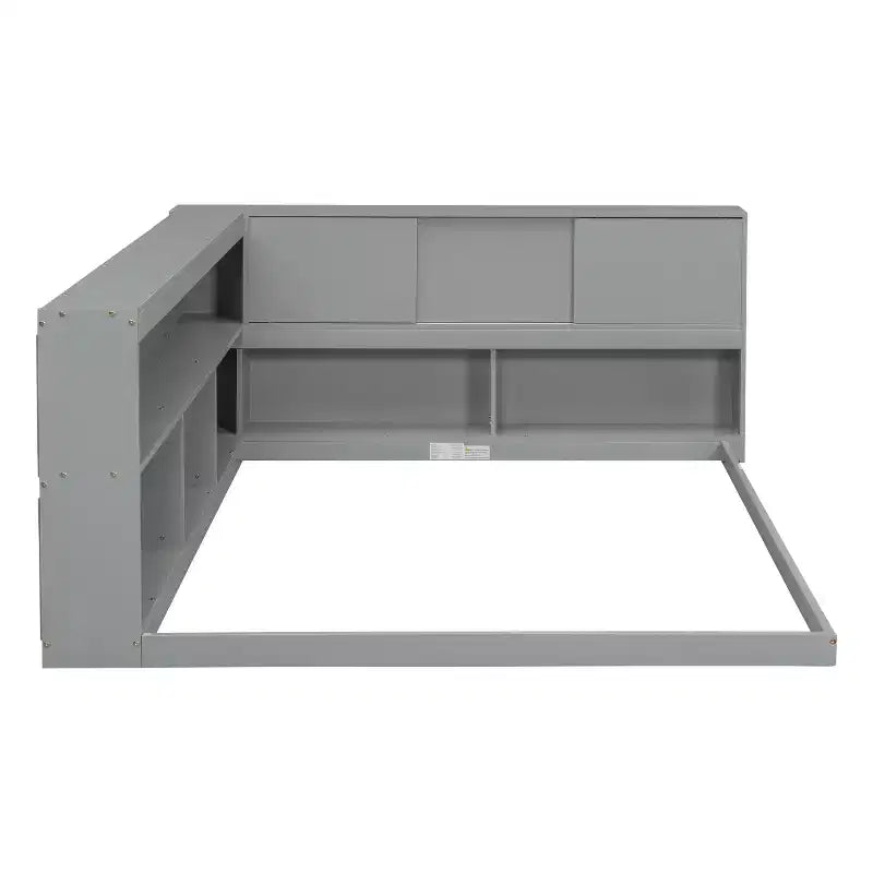 Divano letto a L grigio full size con libreria, struttura in legno, 1 persona