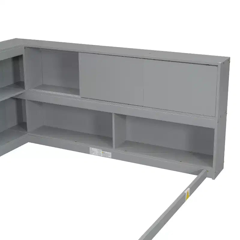 Divano letto a L grigio full size con libreria, struttura in legno, 1 persona