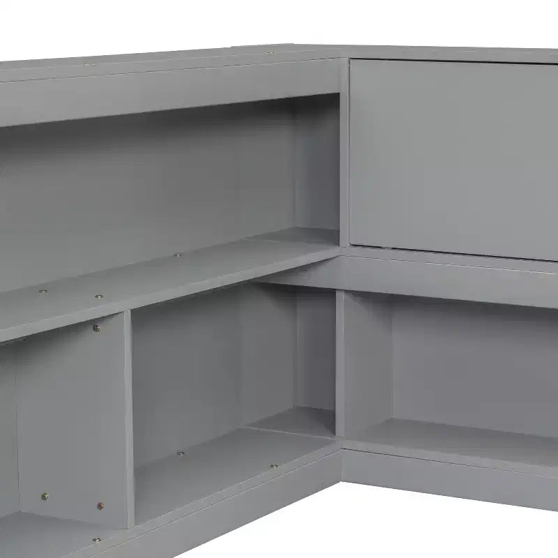 Divano letto a L grigio full size con libreria, struttura in legno, 1 persona