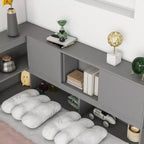 Divano letto a L grigio full size con libreria, struttura in legno, 1 persona