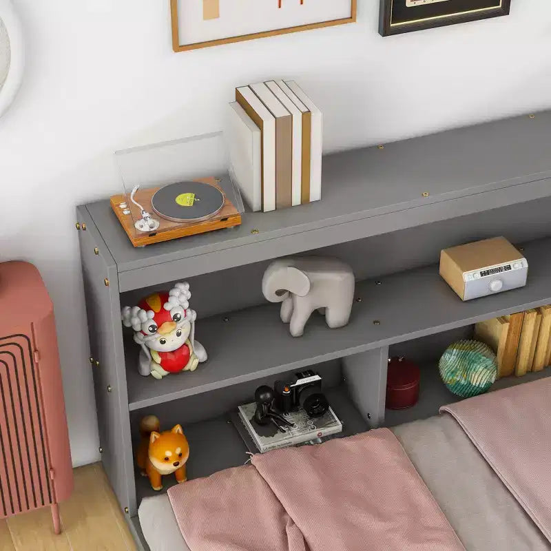 Divano letto a L grigio full size con libreria, struttura in legno, 1 persona