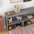 Divano letto a L grigio full size con libreria, struttura in legno, 1 persona