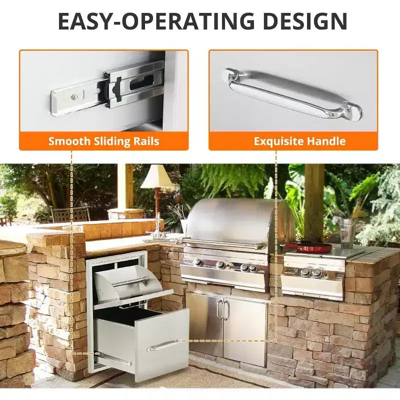 Pannello di accesso da cucina per esterni a 3 cassetti in acciaio inossidabile argentato con portarotolo di carta
