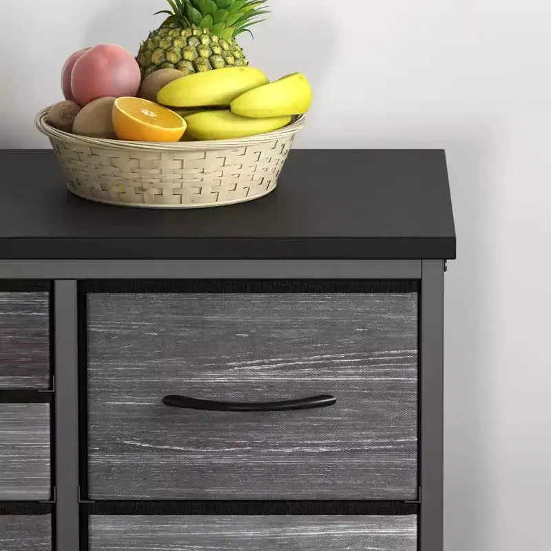 Comò a 10 cassetti con strisce nere/grigio scuro/tigrate e supporto TV con presa di corrente – 1 persona