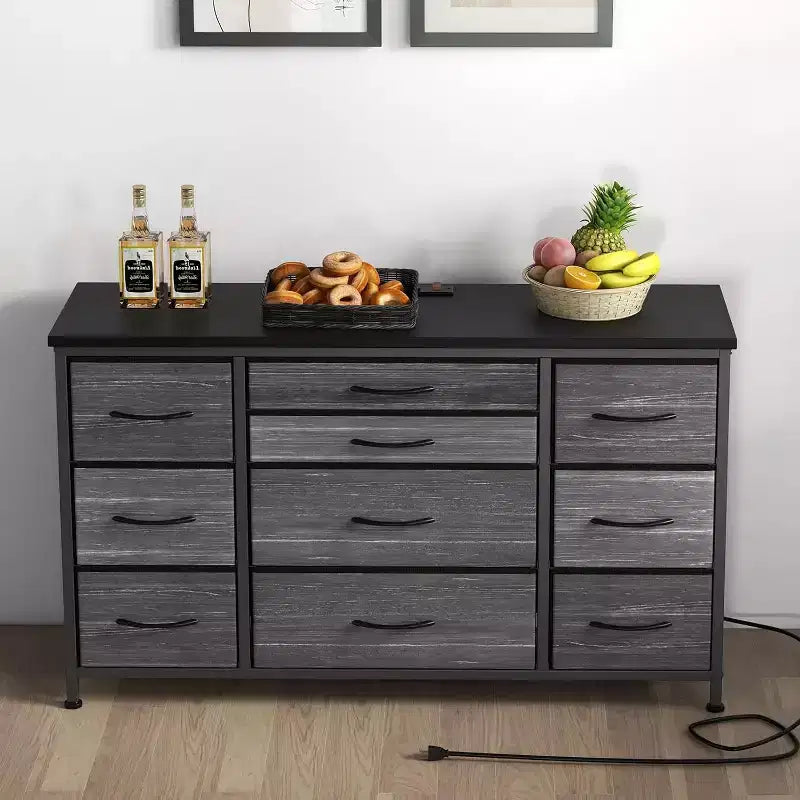 Comò a 10 cassetti con strisce nere/grigio scuro/tigrate e supporto TV con presa di corrente – 1 persona