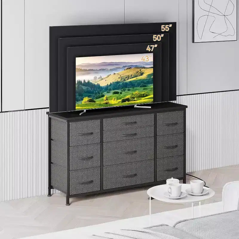 Comò a 10 cassetti con strisce nere/grigio scuro/tigrate e supporto TV con presa di corrente – 1 persona