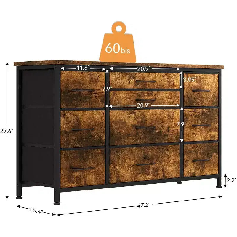 Comò a 10 cassetti con strisce nere/grigio scuro/tigrate e supporto TV con presa di corrente – 1 persona