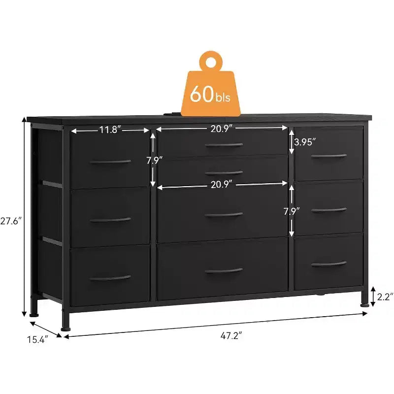 Comò a 10 cassetti con strisce nere/grigio scuro/tigrate e supporto TV con presa di corrente – 1 persona