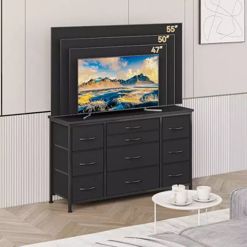 Comò a 10 cassetti con strisce nere/grigio scuro/tigrate e supporto TV con presa di corrente – 1 persona