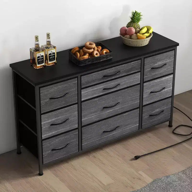 Comò a 10 cassetti con strisce nere/grigio scuro/tigrate e supporto TV con presa di corrente – 1 persona
