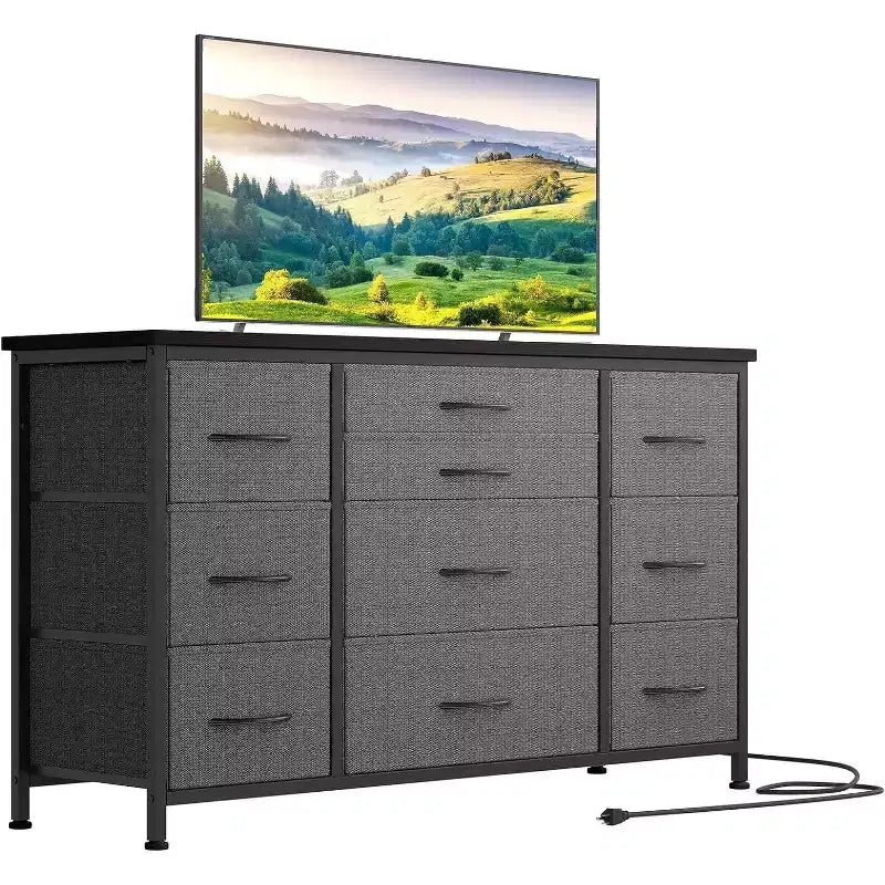 Comò a 10 cassetti con strisce nere/grigio scuro/tigrate e supporto TV con presa di corrente – 1 persona