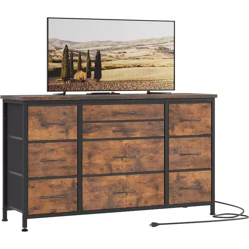 Comò a 10 cassetti con strisce nere/grigio scuro/tigrate e supporto TV con presa di corrente – 1 persona