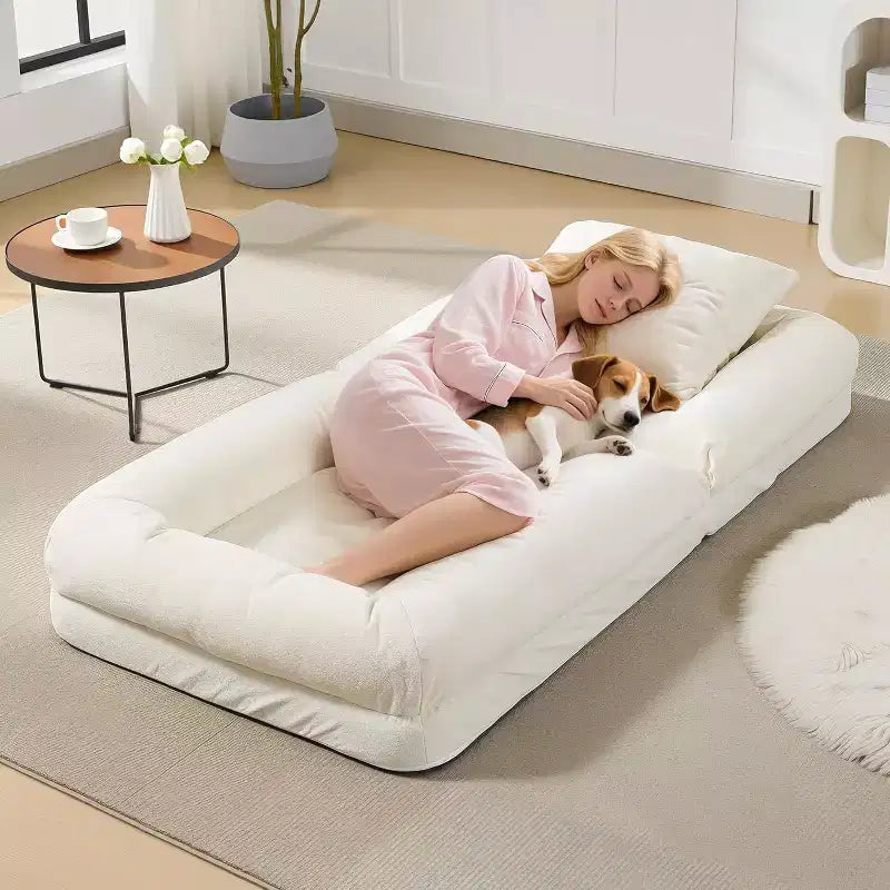 Divano Reclinabile da Pavimento in ciniglia Regolabile – Beige/Nero/Marrone/Grigio, Pieghevole a 5 Posizioni, per 1-2 Persone e Animali Domestici