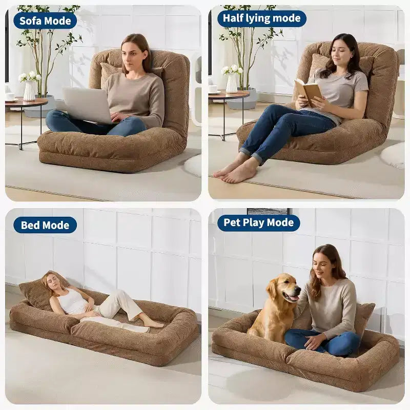 Divano Reclinabile da Pavimento in ciniglia Regolabile – Beige/Nero/Marrone/Grigio, Pieghevole a 5 Posizioni, per 1-2 Persone e Animali Domestici